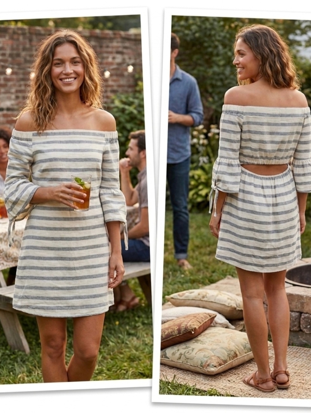 Listicle Blue Striped Lined Dress Size M Medium Cotton Casual Off Shoulder Top